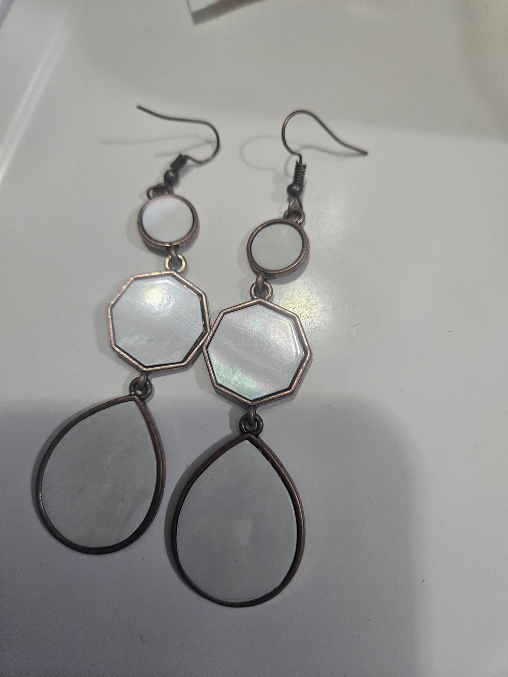 Mother of Pearl Drop Earrings in White and Rose Gold Tone